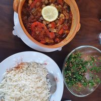 Lebanese salad as a starter, baked aubergine main (vegan) at Al Zaytouna in Vienna