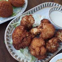 Cauliflower and Falafel in the background at Al Zaytouna in Vienna