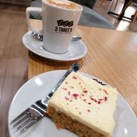 Carrot cake and chai tea latte at 3 Three's Coffee Lounge in Birmingham