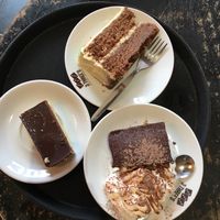 vegan cake heaven: carrot cake, warm brownie with soy whip, caramel shortbread at 3 Three's Coffee Lounge in Birmingham