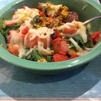 A big serving of tofu scramble, with potatoes, tomatoes, greens, etc. at Cafe Soleil in Springdale