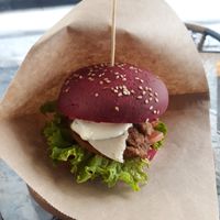 Pink burger at One Planet in Kyiv