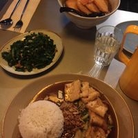 Kale and coconut stir fry, Katsu curry udon, tamarind tofu. at Tampopo in Manchester