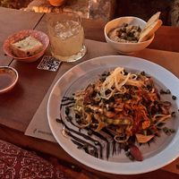 Hummus, ginger soda and pad thai  at Oburus Momus in Kas
