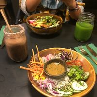 Thai noodle bowl, choco smoothie
(in the back) miso bowl and green juice at Green&Berry in Barcelona