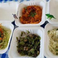 Four sides: sweet potato, cauliflower rice, seasonal veg and cabbage salad.  at Jurassic Cart in Portland