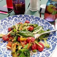 Spring Wok, warm asparagus & beetroot gnocchi.  at Die Röhre in Unterach Am Attersee