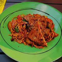 July special Korean Gochujang Noodles with Seitan at Die Röhre in Unterach Am Attersee