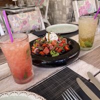 Mojitos (watermelon flavoured and original) and Greek salad with vegan “feta” cream  at Yard of Taste in Zakynthos