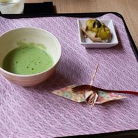 Dessert: Bananas with pumpkin puree and matcha at Shanti Yoga Vegan Cafe in Hiroshima