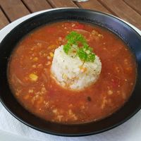 Vegan soup with chili and minced soy-meat at Punkt 13:15 in Parnu