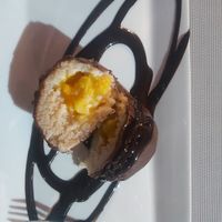 Dessert: Kokos mot Pfirsich und Schokolade ("wie Bounty, nur besser") at Land of Freedom in Fuerteventura