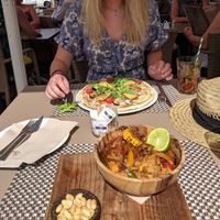 Vegan pizza for me and my boyfriend had the wok noodle dish which can be made vegan! at Me Gusta in Mallorca