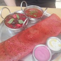 Purple dosa meal at Dosa Bar in Tel Aviv