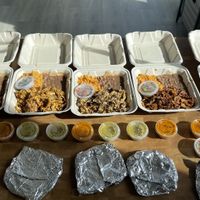 From left to right: Chicharron, Carnitas, Carnitas, Pastor, Asada   at Taqueria La Venganza in Oakland