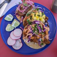 Fried chicken, al pastor, and sweet potato tacos at Taqueria La Venganza in Oakland