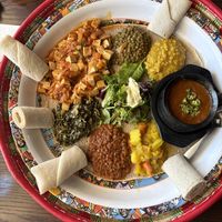 Vegan combo platter with tofu tibs and shiro 😋   at Abyssinia in Sacramento