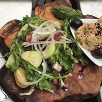 Hummus salad starter with pesto (also comes with homemade rye bread) at Galerija Food in Split
