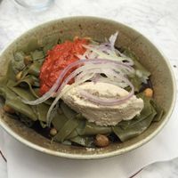 Hemp pasta with cashew cream cheese sauce and a sweet tomato sauce (you mix it all in) at Galerija Food in Split