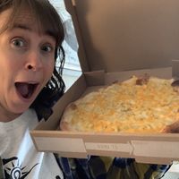 Very excited… vegan mac and cheese pizza!  at Ian's Pizza in Madison