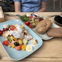 Waffle with fresh fruit and cream; Prenzlberger Liebe  at Cafe Neue Liebe in Berlin