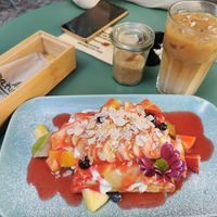 Waffle with cream and fresh fruits at Cafe Neue Liebe in Berlin