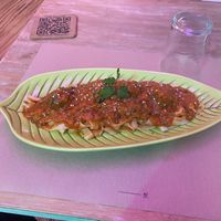 Lentil meatball rice noodle starter    at Sanissimo - Opera in Madrid