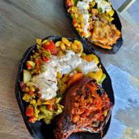 Aubergine front, moussaka rear at Kiez Vegan - Warschauer Str in Berlin