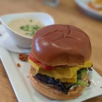 Egg & croissant made vegan + potato soup at Leaf Vegetarian Restaurant in Boulder