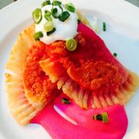 vegan beet pierogis at Leaf Vegetarian Restaurant in Boulder