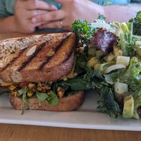 "Egg" sandwich (tofu subbed) and side salad at Leaf Vegetarian Restaurant in Boulder