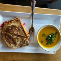 Vegan Reuben and carrot ginger soup at Leaf Vegetarian Restaurant in Boulder