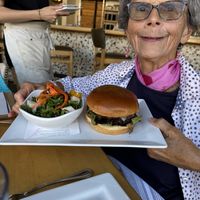 Mushroom burger and salad 🥗   at Leaf Vegetarian Restaurant in Boulder