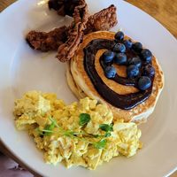Pancake breakfast (pancakes were tiny, "bacon" was not at all like bacon, and the scramble was completely tasteless) at Leaf Vegetarian Restaurant in Boulder