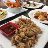 Calamari, tofu, spatzle at Leaf Vegetarian Restaurant in Boulder