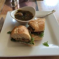 'crab cake' sandwich and vegetable soup at Leaf Vegetarian Restaurant in Boulder
