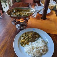 Soy meat in spinach and soy milk curry sauce at Krishna in Berlin