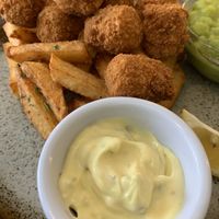 Scampi with chips, mushy peas and tartar sauce  at The Green Room in Middlesbrough