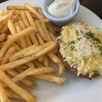 Half Parmo and Skinny fries with garlic mayonnaise  at The Green Room in Middlesbrough