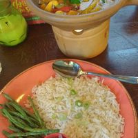 Brazilian Moqueca de Palmitos with rice, green beans and salsa at Las Iguanas - Quayside in Newcastle Upon Tyne