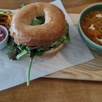 Guacamole bagel with sweet chilli jam and Persian lentil soup at Earthlings in Bolton