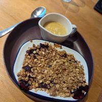 Berry crumble and custard at Earthlings in Bolton