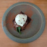 Brownie with choc chip mint ice cream at Earthlings in Bolton