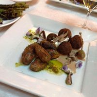 Vegan Königsberger Klopse — tempeh meatballs with macadamia cream, capers and faux anchovies, served with a side of roasted potatoes topped with wood sorrel pesto. Guglhupf's winning dish in the 2016 Bull City Vegan Challenge.  at Guglhupf in Durham