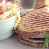 roasted beet sandwich with vegan blue cheese and arugula  at Guglhupf in Durham