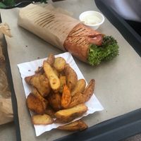 gyros wrap & wedges at Farma Burgerownia Roslinna in Krakow