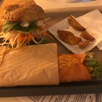 gyros wrap, wedges, farma burger at Farma Burgerownia Roslinna in Krakow