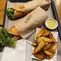 Tomato spicy wrap & Vega Gyros with fries mayonnaise sauce   at Farma Burgerownia Roslinna in Krakow