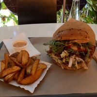 Burger and wedges at Farma Burgerownia Roslinna in Krakow