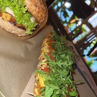 Zapikanki and vegan burger  at Farma Burgerownia Roslinna in Krakow